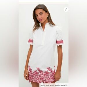 White Mini Dress with Pink Embroidered Hem and Sleeve Accents